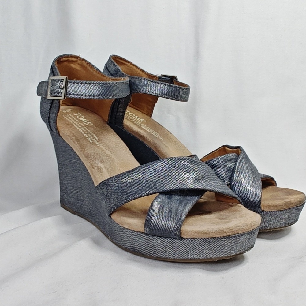 Toms Wedge Sandals Navy Blue Metallic Iridescent Chambray Platform 9